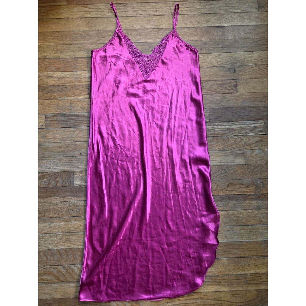 Vintage Innermost pink satin vneck lace trim sleeveless slip long nightie
